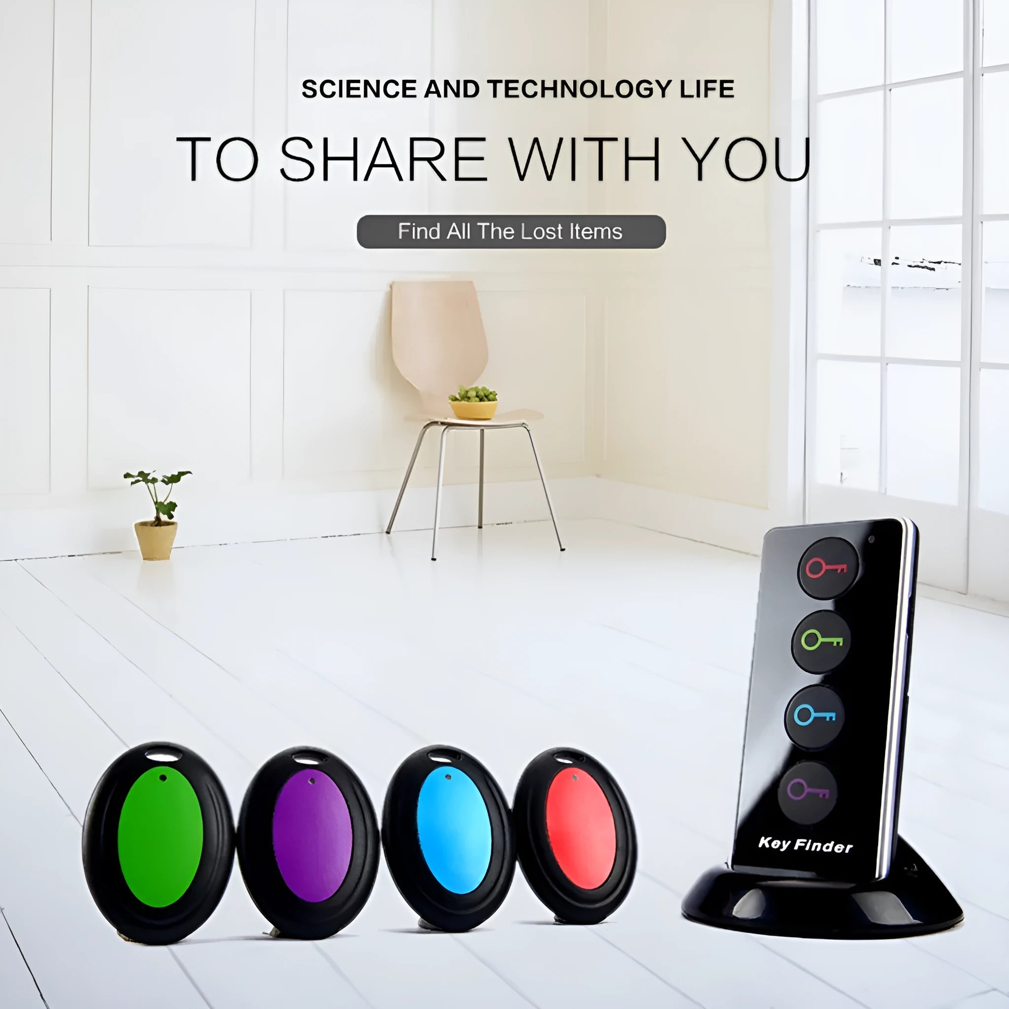 Wireless key locator one-to-four system with black emitter and four receivers, 40 metre range