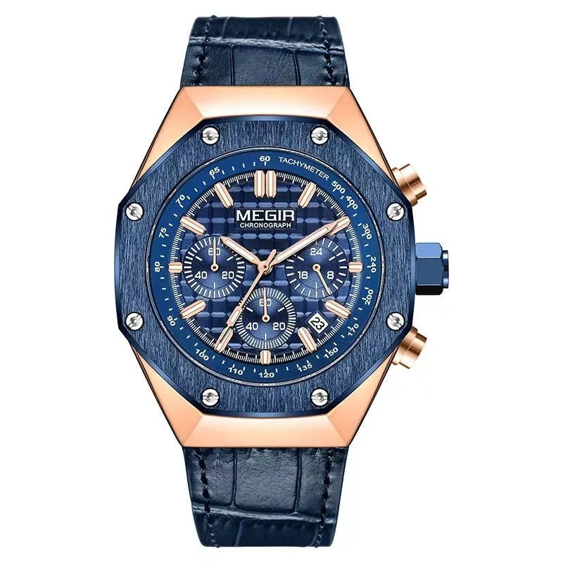Men's multifunctional waterproof quartz chronograph watch with choice of blue or black steel straps.