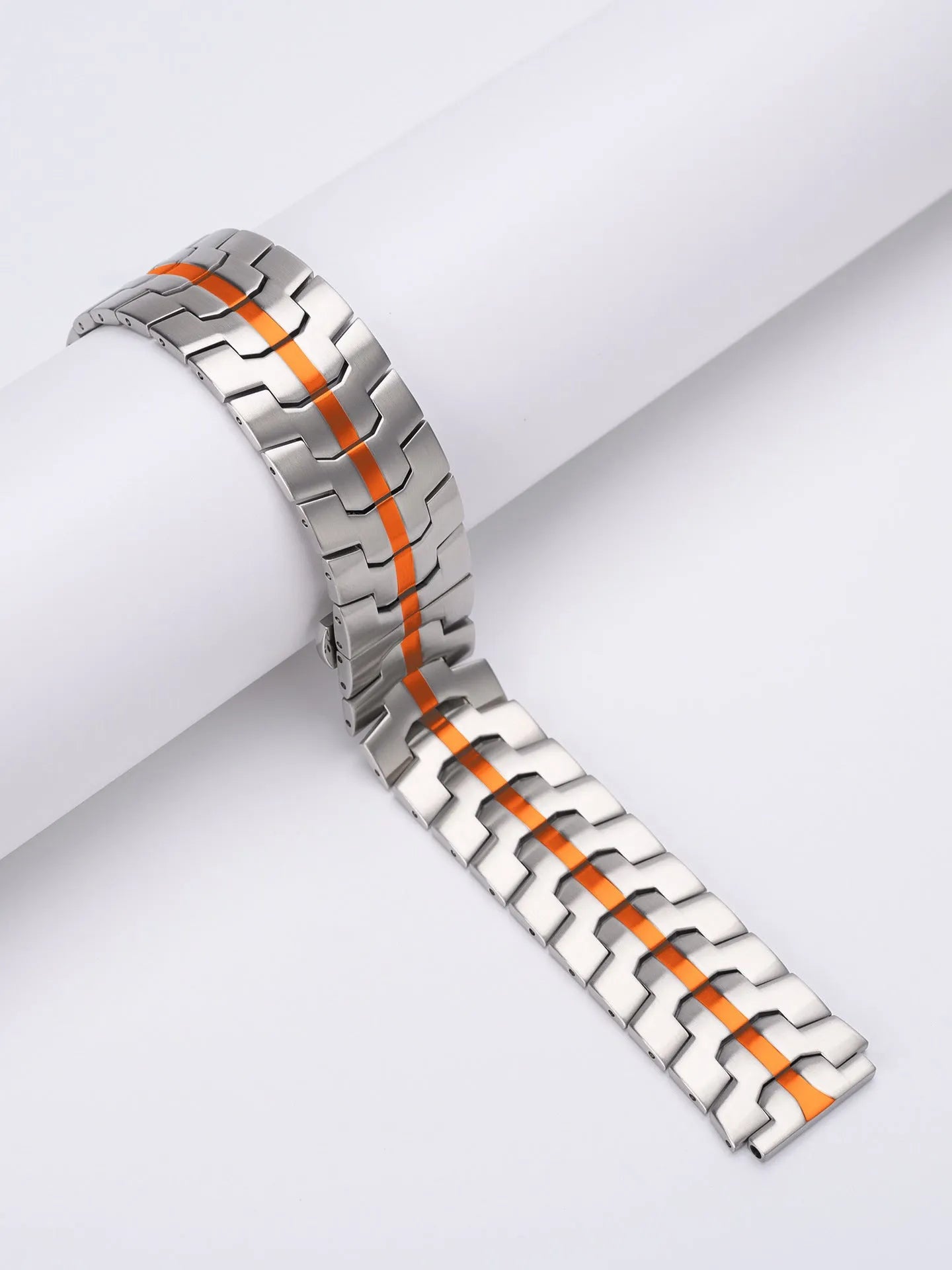 Stainless steel Samsung Galaxy Watch replacement band in silver, shown attached to a watch.