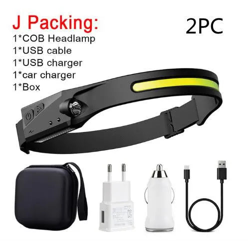 Black USB rechargeable headlamp with a wide COB LED lens and a side wave sensor on the headband.