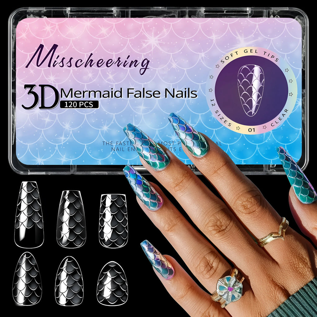 3D scale long shaping artificial nail tips with deep C-curve in Frigate Box colour options
