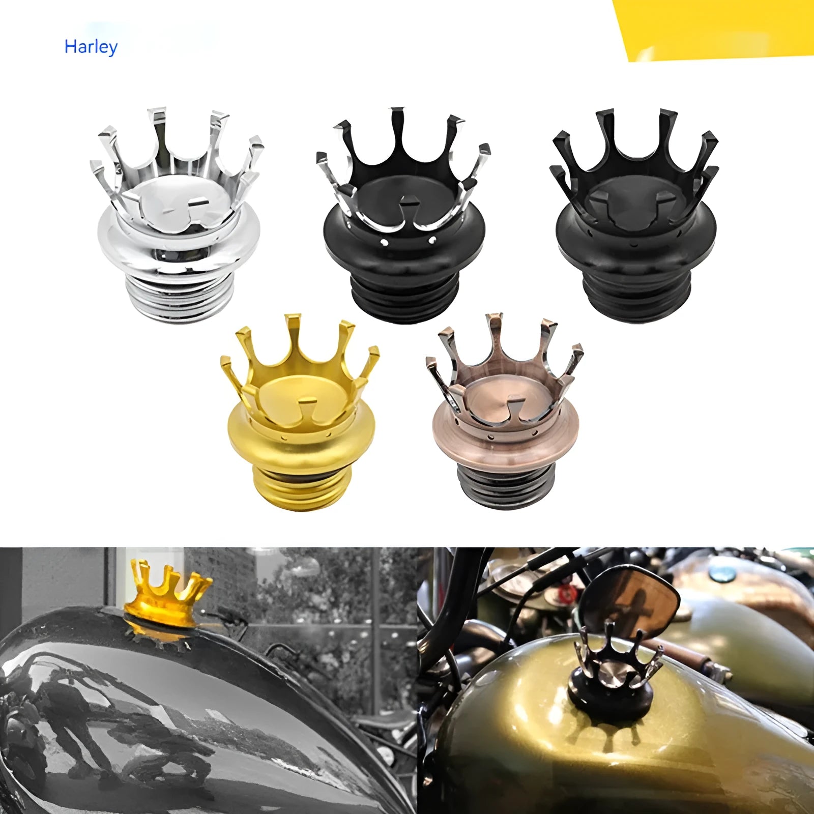 Harley-Davidson Fatty Dai Na Crown aluminium fuel tank cap in black, bronze, gold, electroplated and black/white finishes