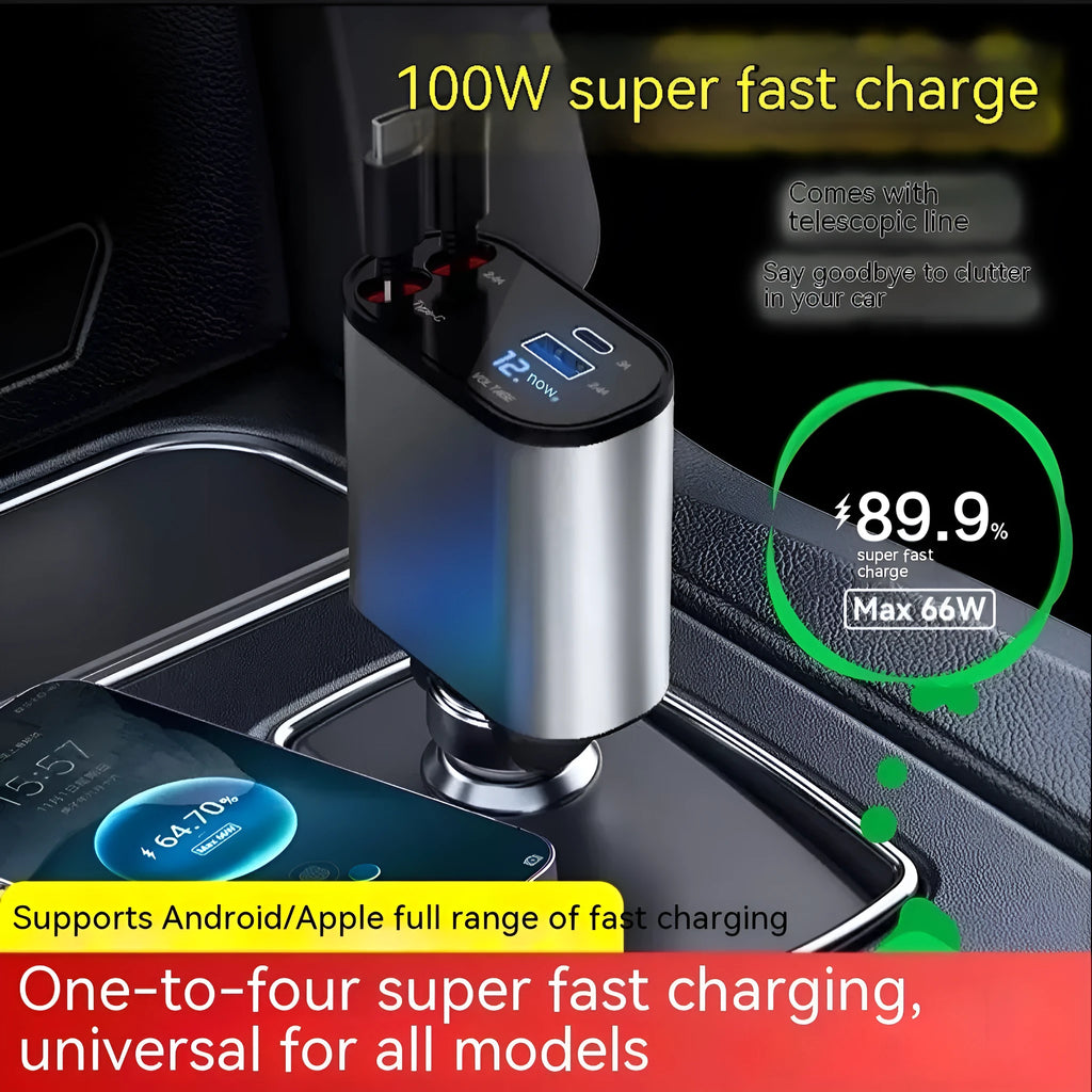 Automatic retractable car charger with fast-charging plug inserted into a vehicle cigarette lighter socket.