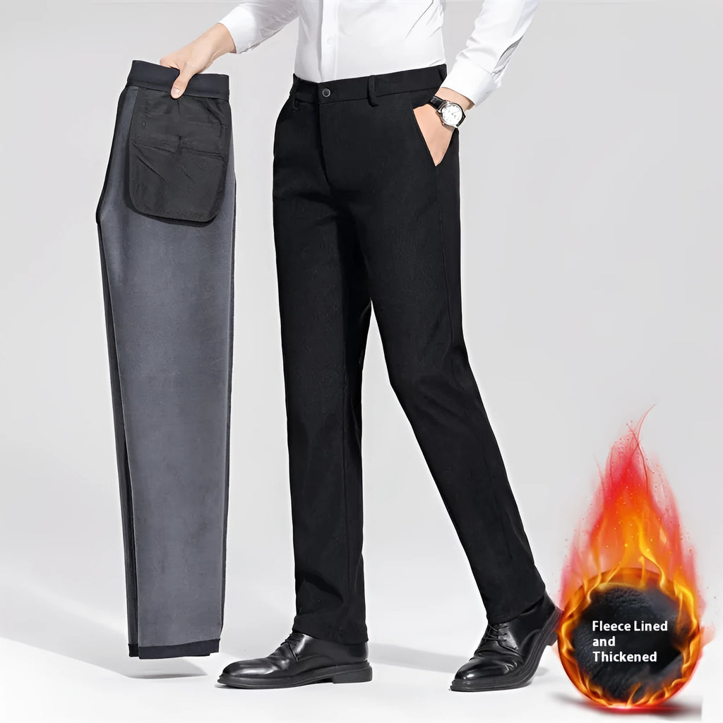 Men's fleece-lined thickened casual trousers, mid waist, zipper fly, black or navy blue, sizes 29-40
