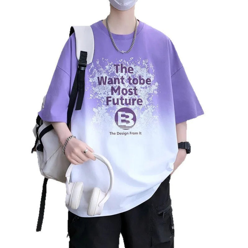 Boys dark blue t-shirt with white Jacquard printed letters and drop-shoulder short sleeves.