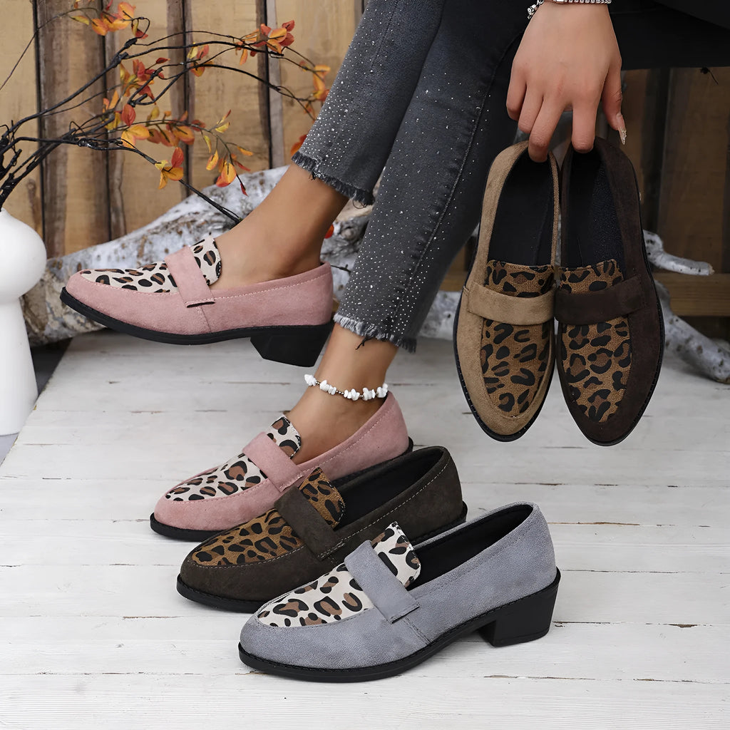 Leopard print slip-on casual shoes with suede upper and chunky mid heel in pink colour