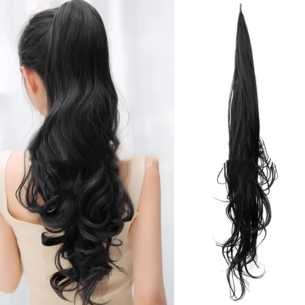 Long ponytail wrap wig in domestic silk fibre, 32in horse tail style, shown in one of seven colours including 1B, 4, 8, 12, 27, 613 and Grey