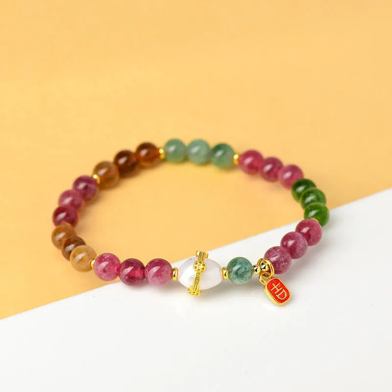 Tourmaline geometric bracelet with 6.5mm natural chalcedony beads