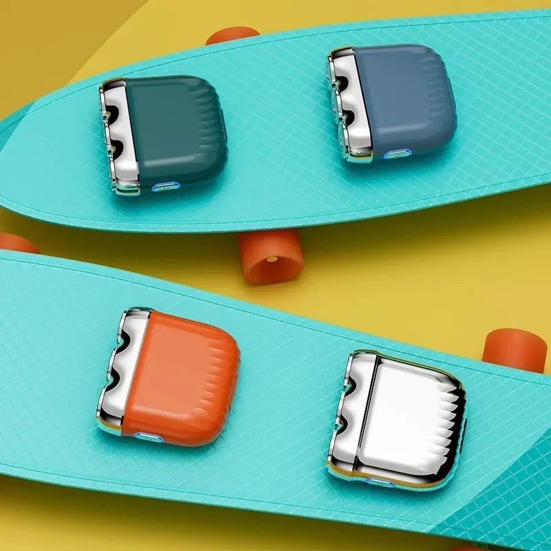 Mini three-head magnetic electric shaver showing floating cutter design and colour options