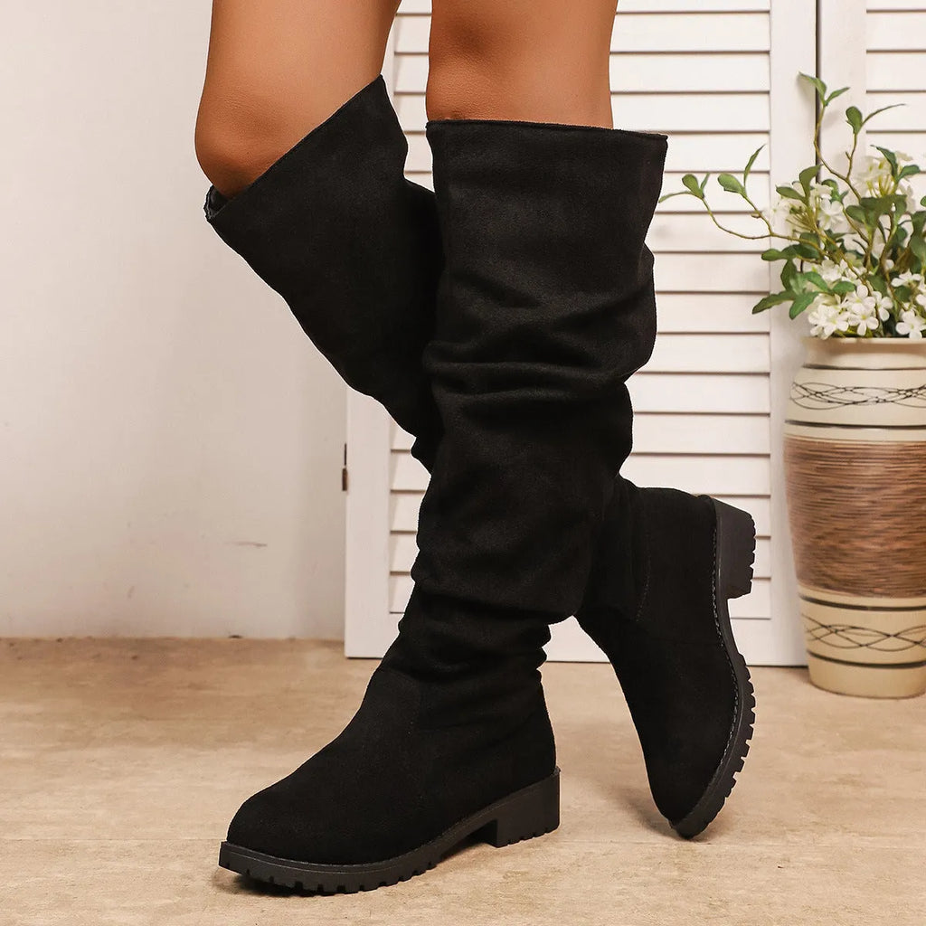 Fleece-lined suede over-the-knee boots for women, black, low chunky heel, slip-on, round toe, winter footwear