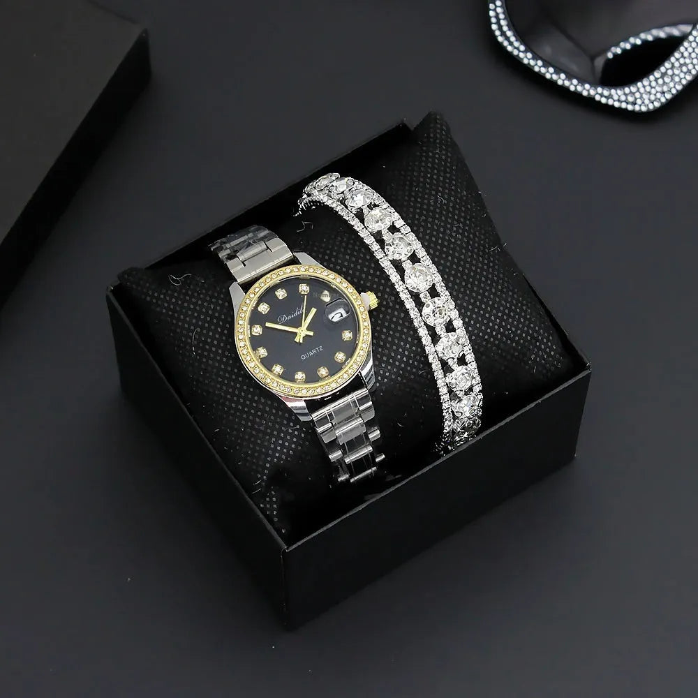 Women's fashion bracelet watch with gold or silver strap, three-row rhinestone detail, black or white face, 8mm case