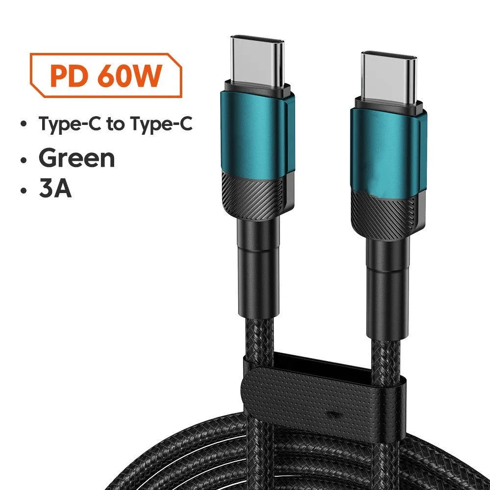 Black woven USB cable with aluminium alloy connectors shown at 100W fast charge length options