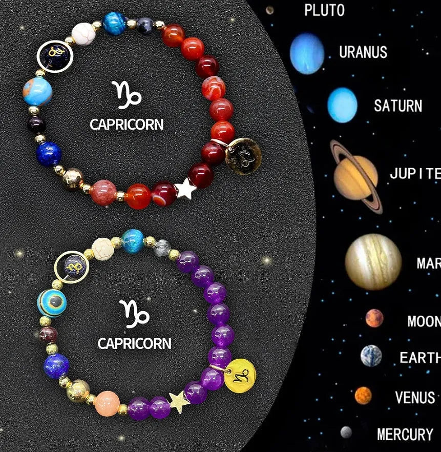 Set of twelve natural stone beaded bracelets, each with a different antique-finished zodiac sign charm on an adjustable chain.