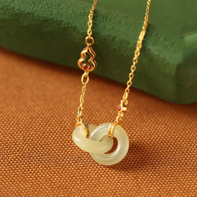 Gold-plated necklace with natural Hetian jade inlaid pendant on copper cross chain, white or grey jade, 41-50cm