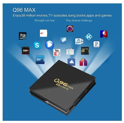 Q96 MAX Android TV box set-top box with remote control and HDMI cable for 4K streaming
