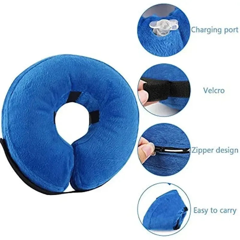 Blue inflatable soft recovery collar for a dog, showing adjustable air valve.