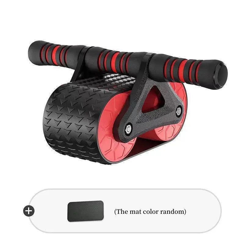 Double wheel abdominal exerciser with automatic rebound and blue kneeling pad on a dark surface