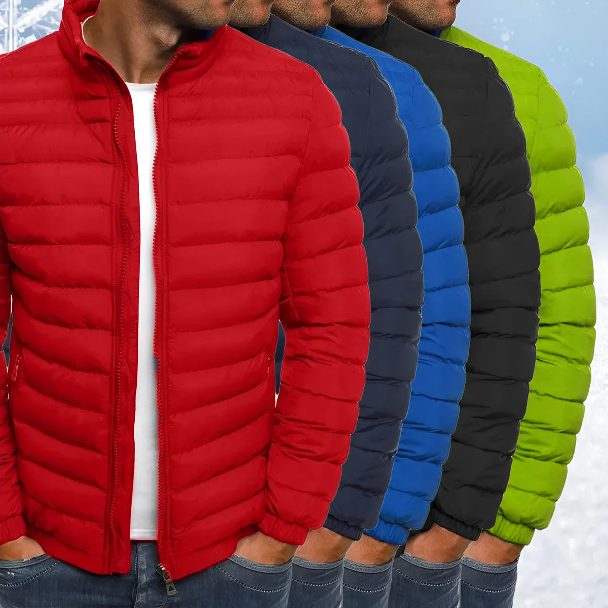 Men's thickened polyester padded jacket with zip pockets and long sleeves in a solid colour, loose fit winter overcoat