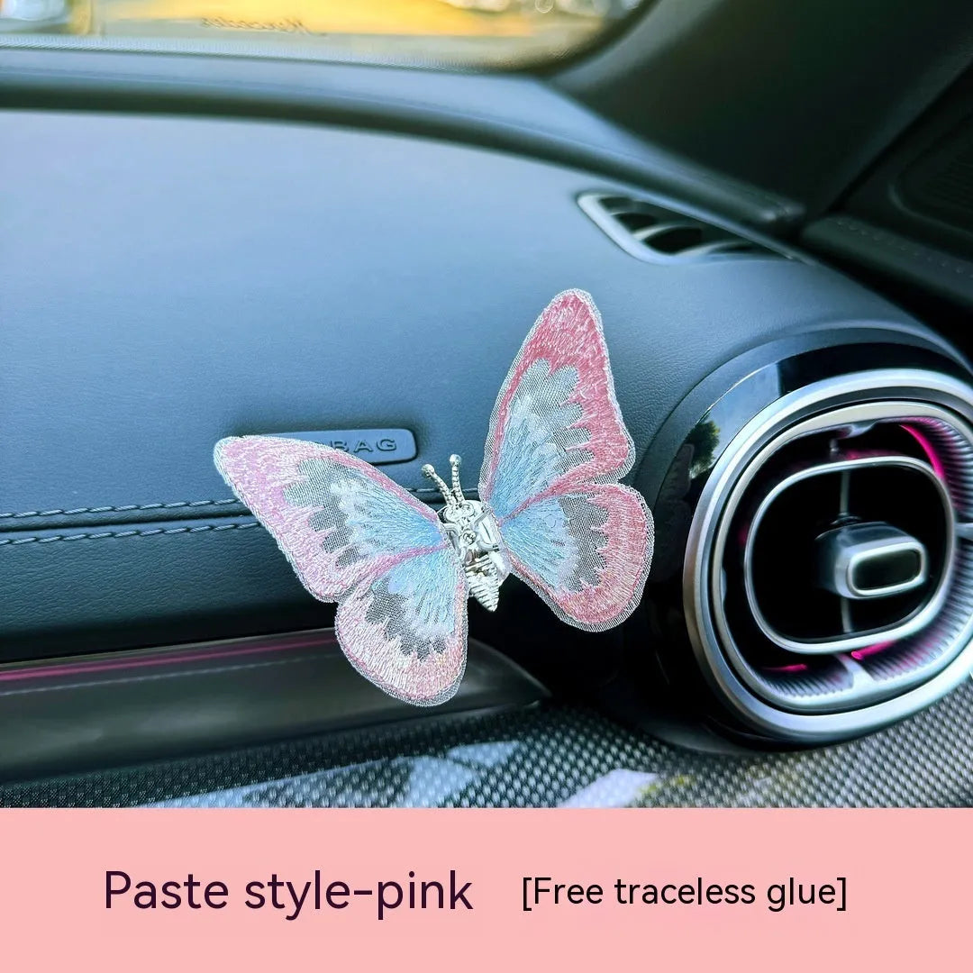Moving embroidery butterfly fabric car centre console air vent decoration in multiple colour options