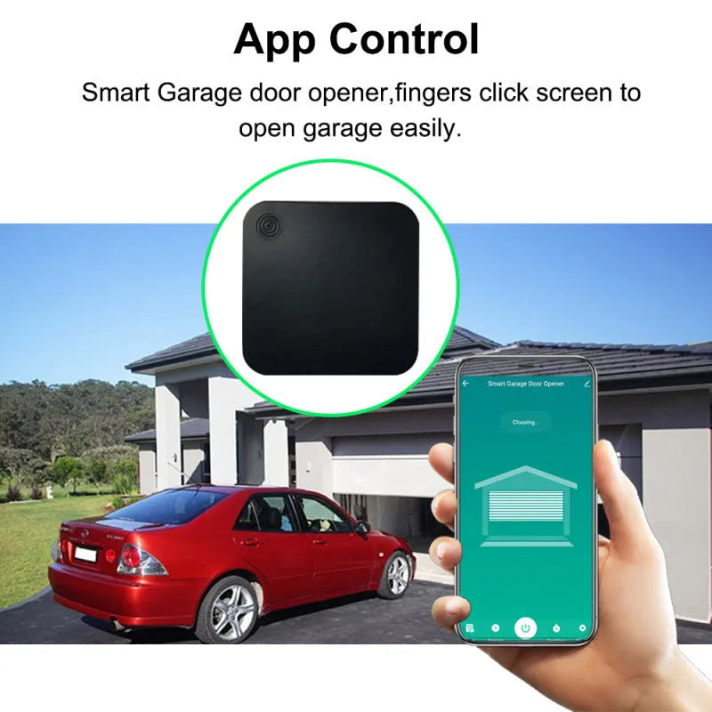 Black plastic WiFi garage door controller for remote and voice control via smartphone app.