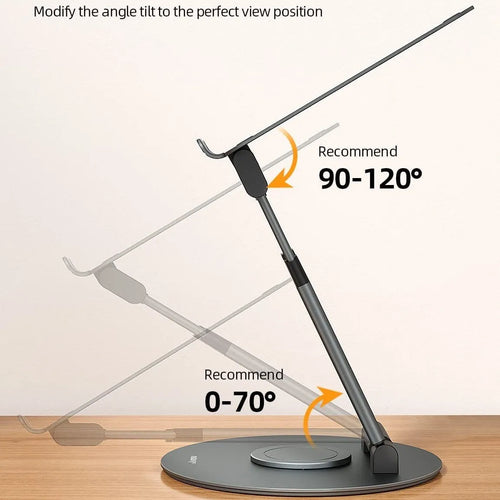 Aluminum alloy laptop bracket with adjustable base and 360-degree rotation on a desk