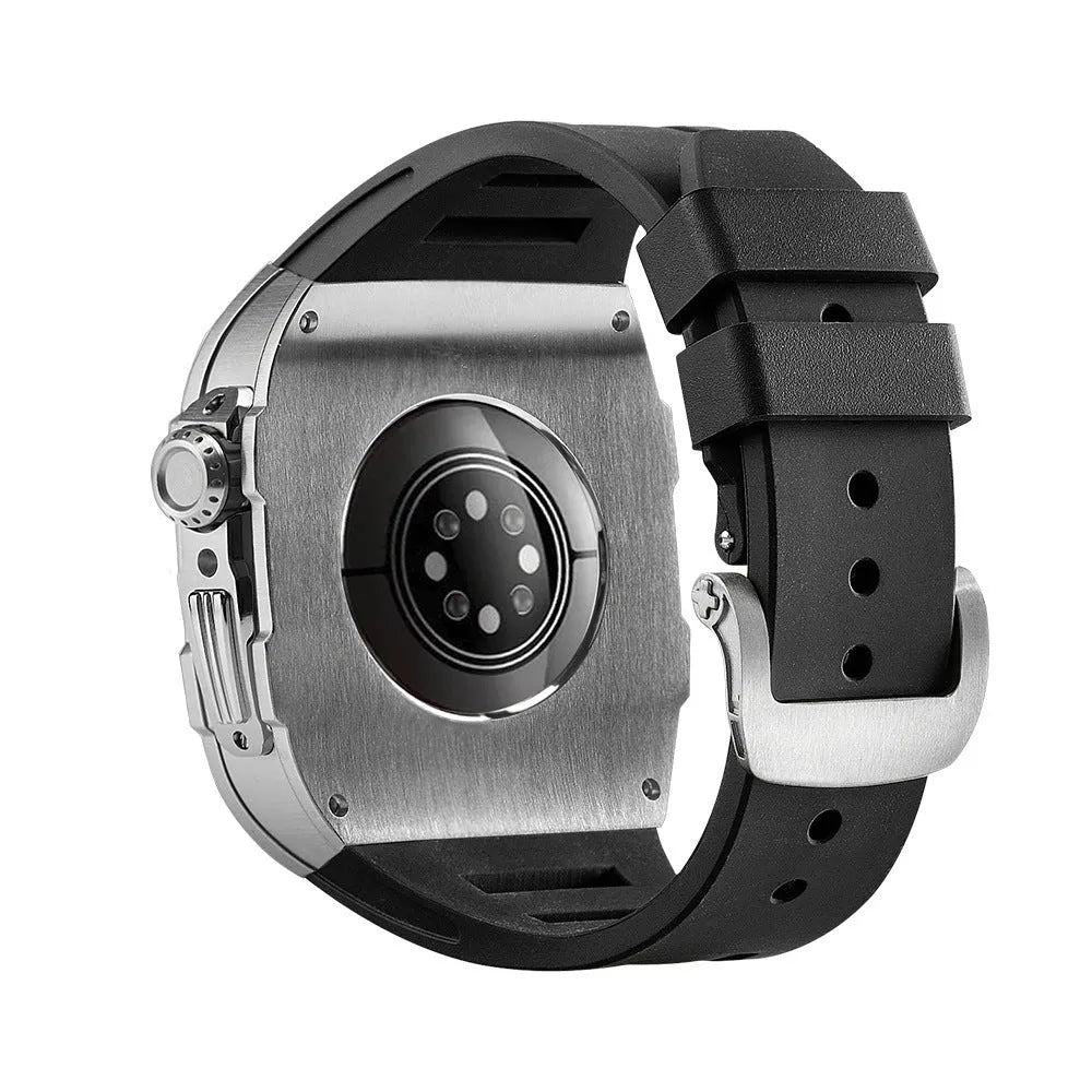 Alloy modified watch protective case for Apple Watch 44mm and 45mm in titanium alloy and fluorine rubber, shown in multiple colours.