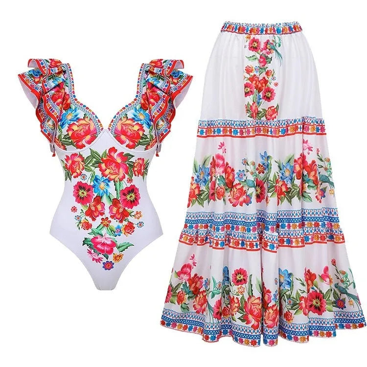 Women's floral print one-piece swimsuit in polyester available in multiple colours and sizes.