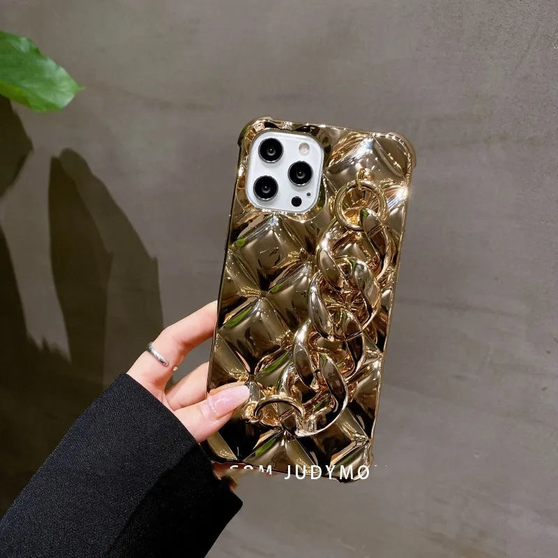 Diamond gold silicone phone case with golden chain for iPhone, front and back view