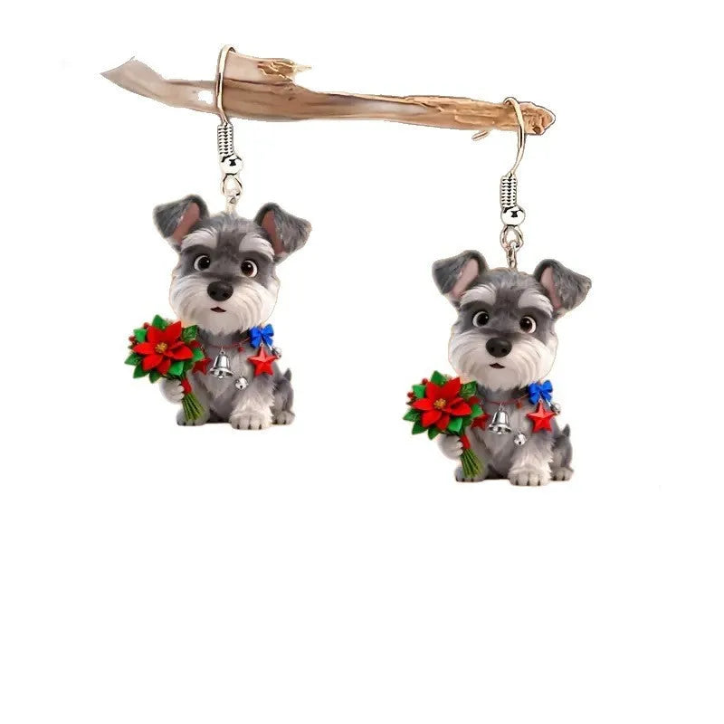 Flat cartoon acrylic Schnauzer dog earrings in Christmas style on a light background