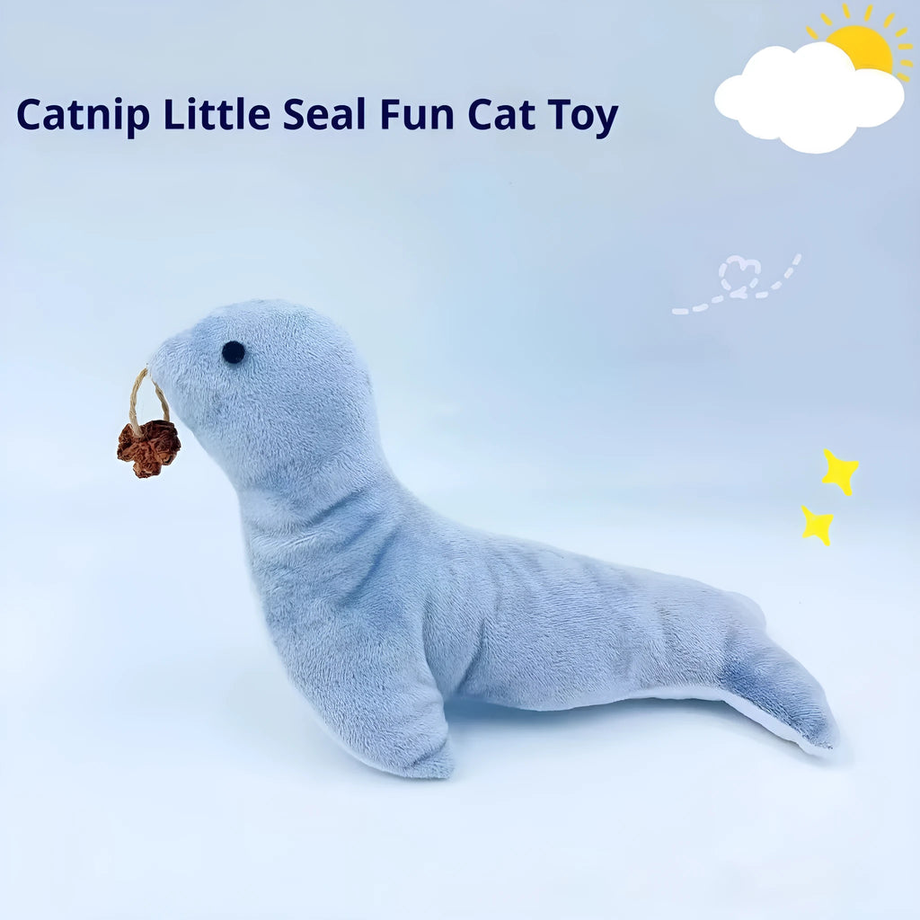 Blue sea lion plush cat toy with detailed stitching, shown alongside catnip filling and bell component