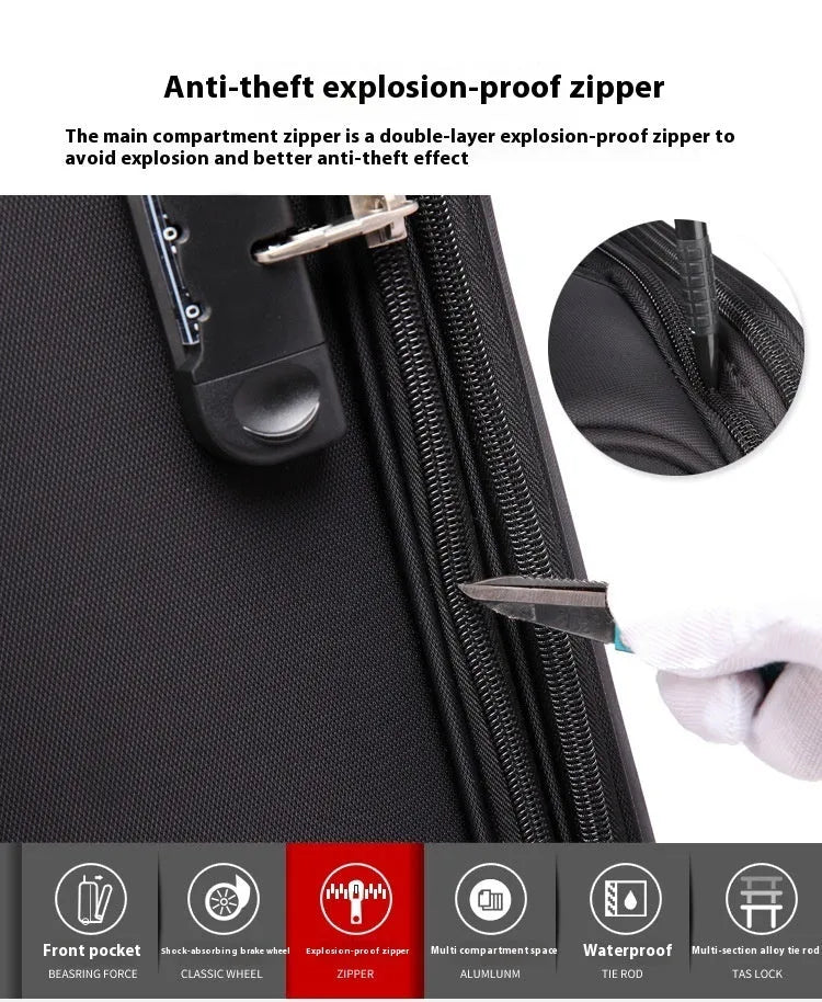 Black 18-inch Oxford cloth carry-on suitcase with retractable handle and four spinner wheels on a neutral background.