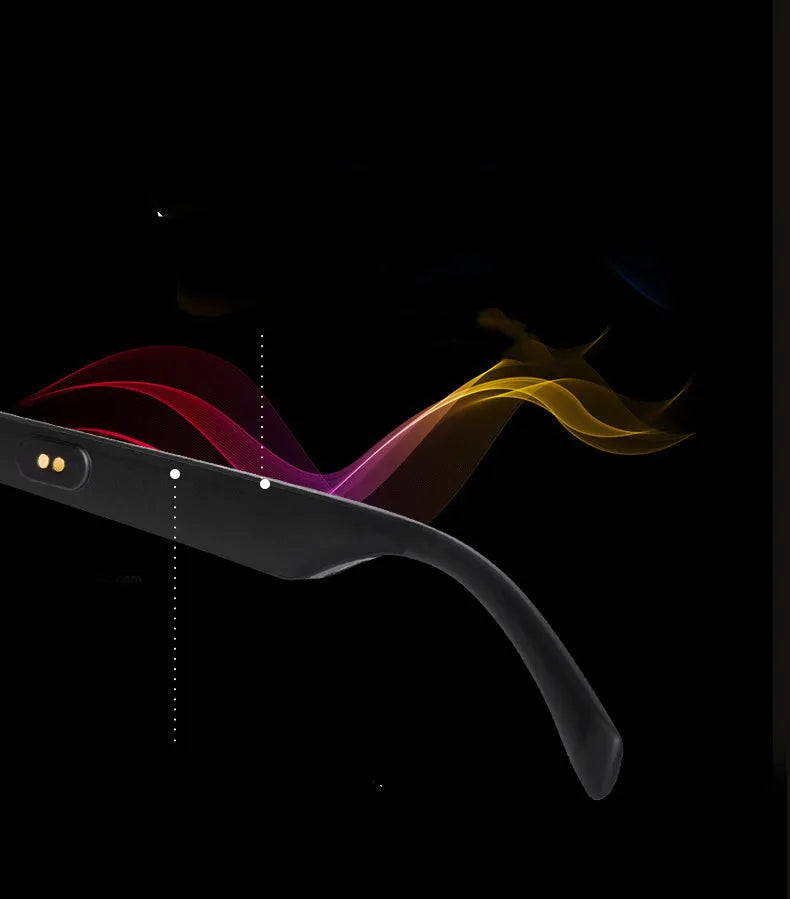 Smart glasses with a black PC+ABS frame featuring Bluetooth speakers and UV400 protective lenses.
