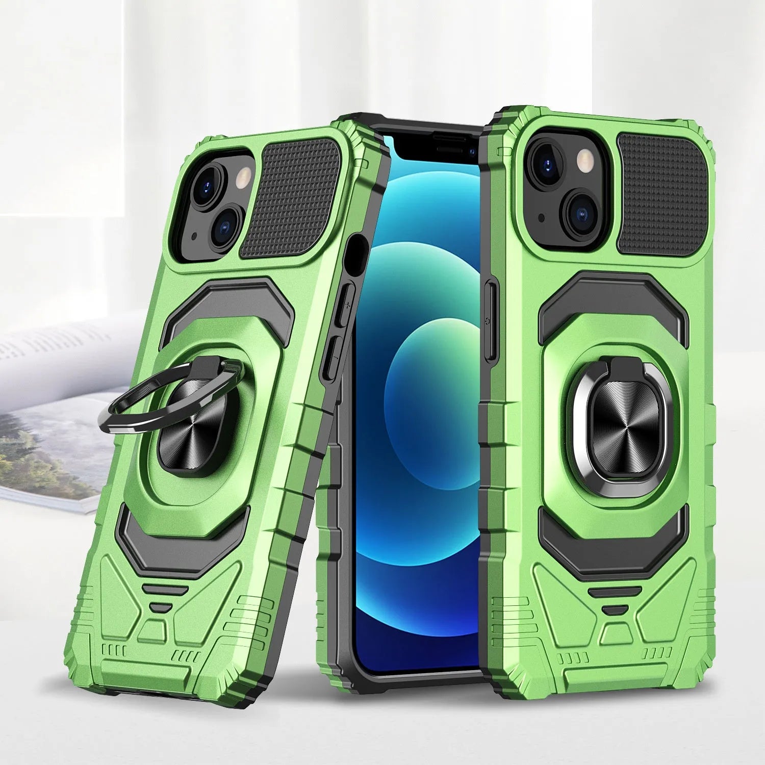Magnetic ring car phone case with 2-in-1 TPU PC shockproof design for iPhone in graphite black