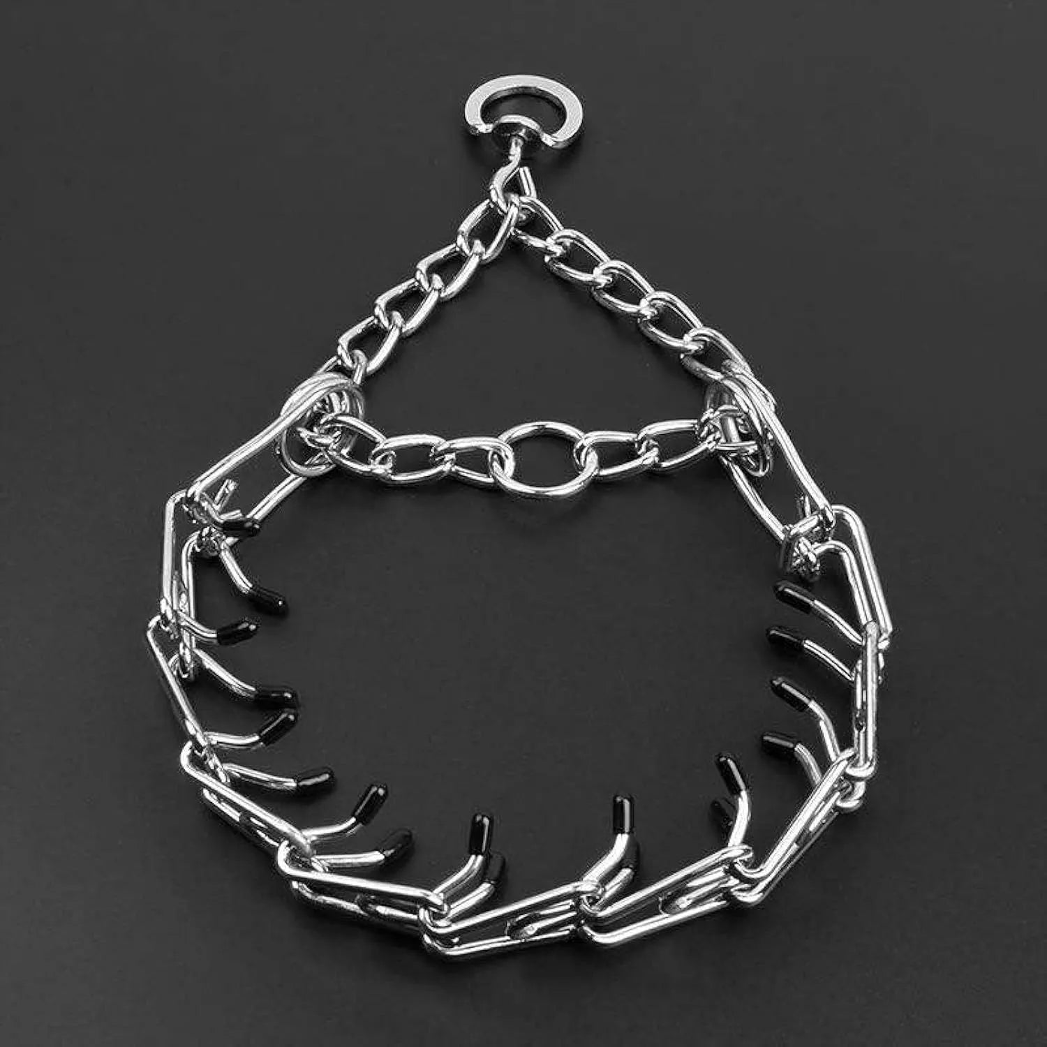 Stainless steel adjustable dog prong collar with black rubber comfort tips shown in various sizes.