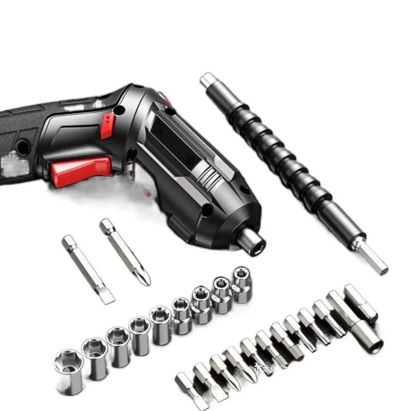 Compact lithium battery electric screwdriver with small gun design and included tool bag.