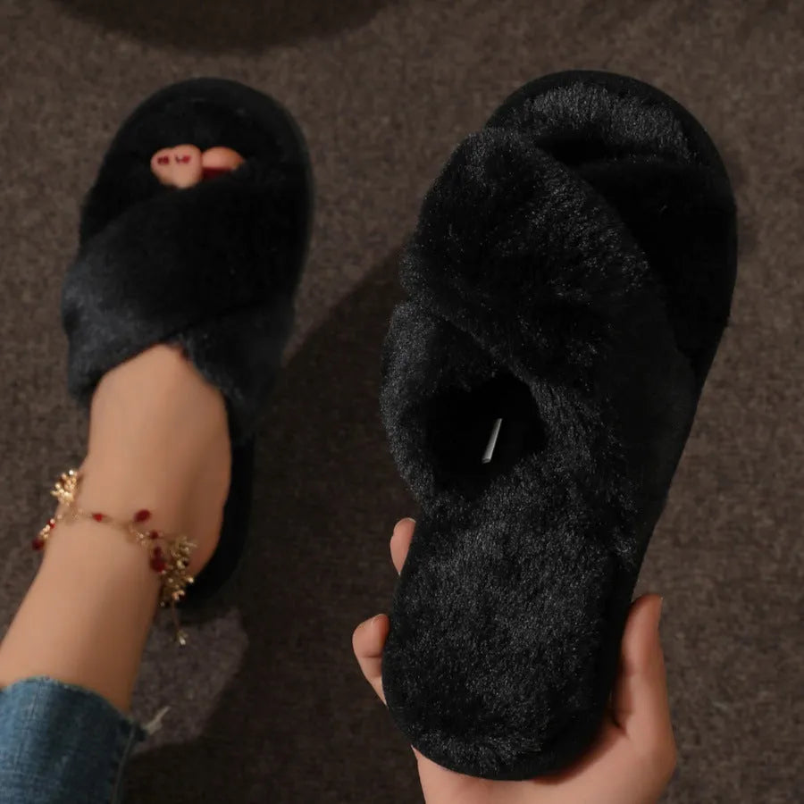 Women's cross plush slippers with open toe and EVA sole in brown colour