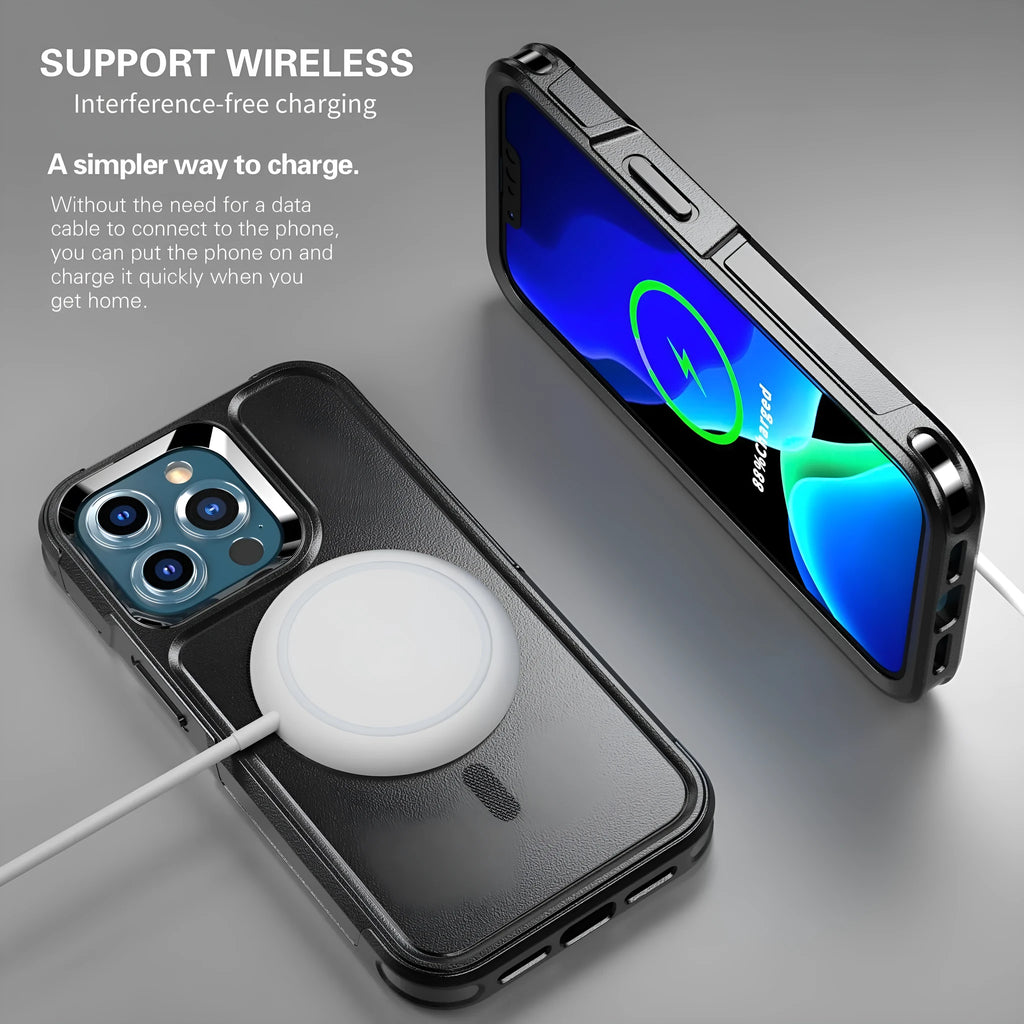 Black shatterproof magnetic phone case for iPhone 12 and 13 series on a table
