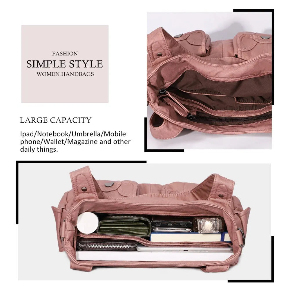 Fashion ladies soft PU leather messenger bag in pink with zipper closure and crossbody strap