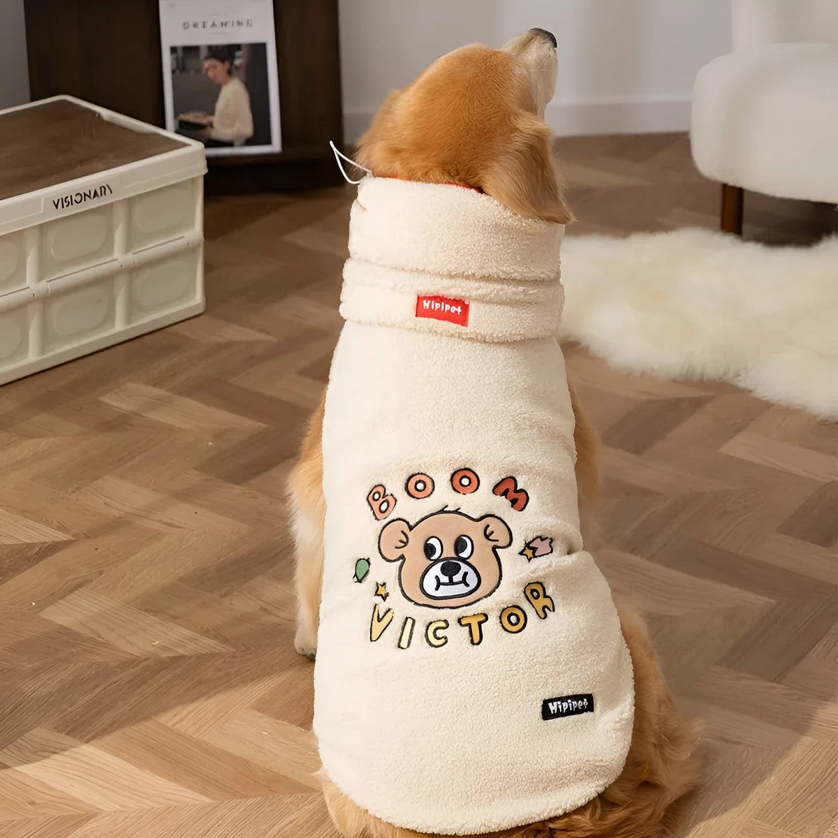 Warm Sherpa dog vest for large dogs, bear pattern, high collar, Grey or White, sizes 3XL to 8XL