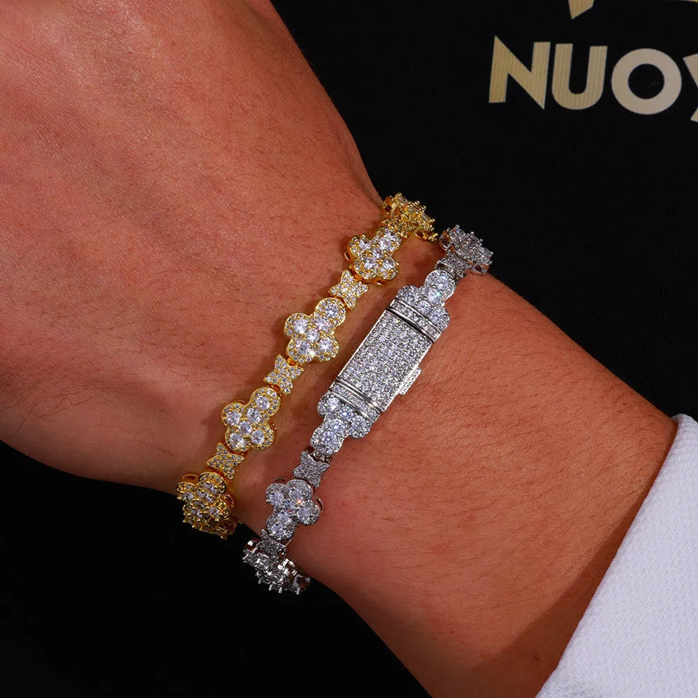 10mm hip hop cross star zircon bracelet in gold or platinum, 7 8 or 9 inches, unisex metal design.