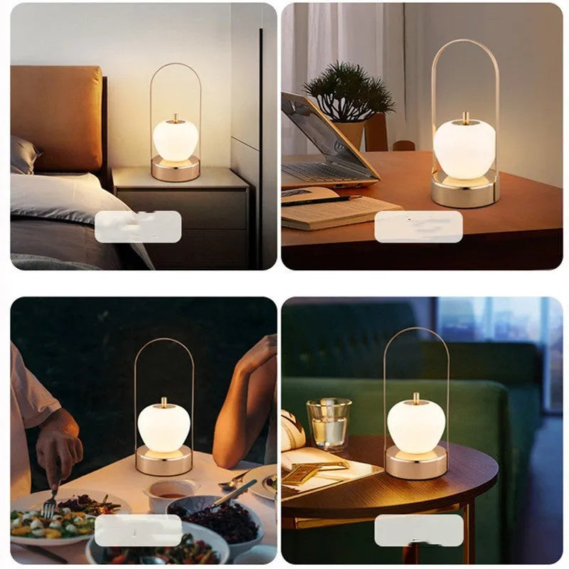 Rechargeable bedside table lamp with metal holder, golden, portable for camping and emergency use, USB charging