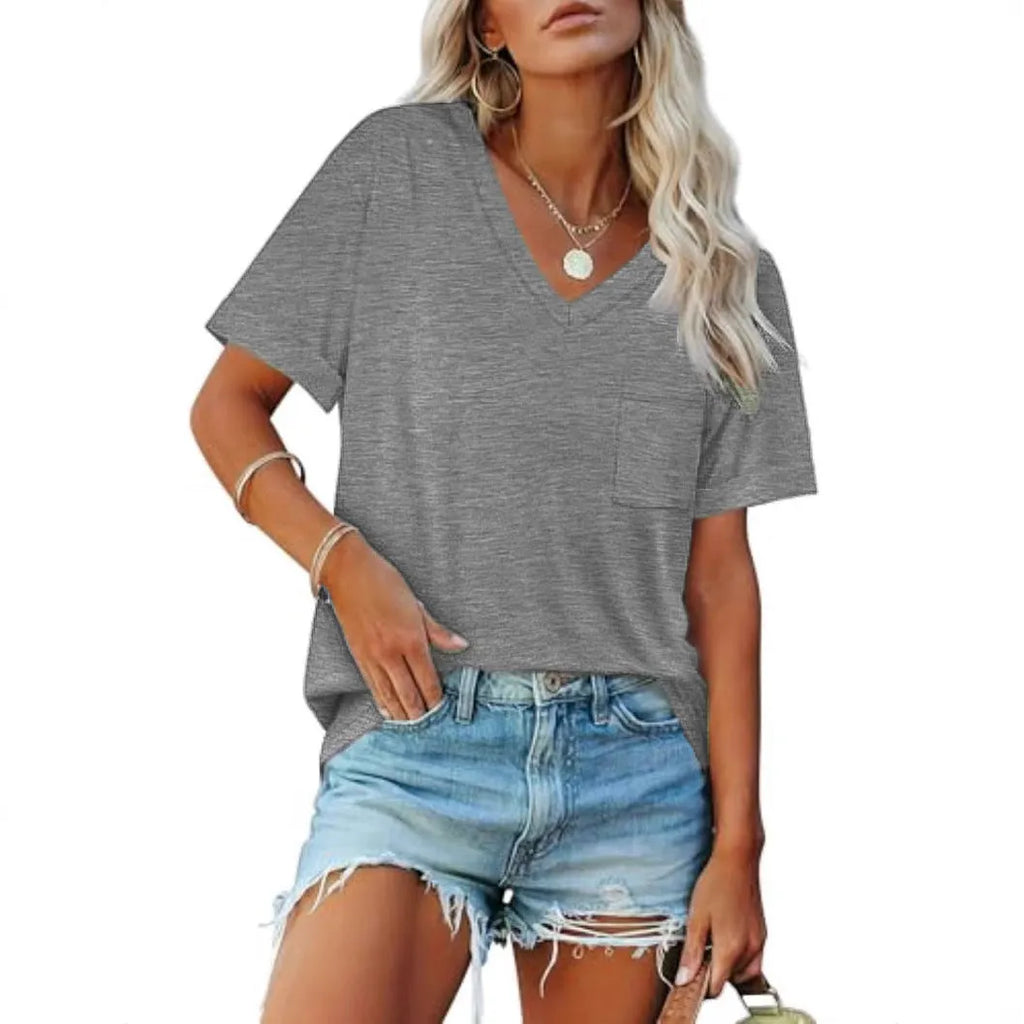 Grey loose-fit V-neck t-shirt with a front pocket and short sleeves on a plain background