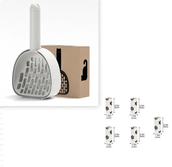 White ABS plastic cat litter scoop with a stand-up base and hidden bag storage compartment.