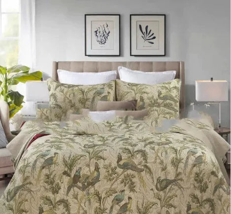 Blue 230 x 250 cm 100% cotton quilted bedspread with plants and flowers