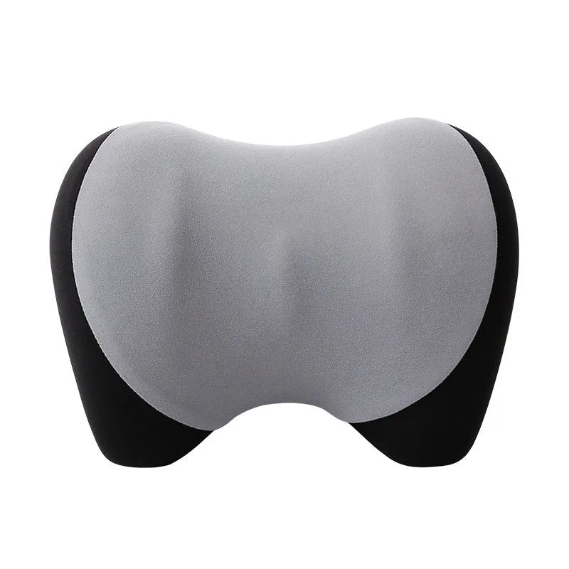 Automotive headrest neck pillow with memory foam filler and nylon knitted fabric cover, shown in apricot gray and pure black.
