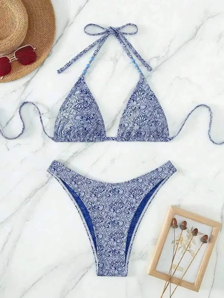Women's floral halter bikini set in red, sky blue, sapphire blue or emerald green, polyester, sizes XS to L