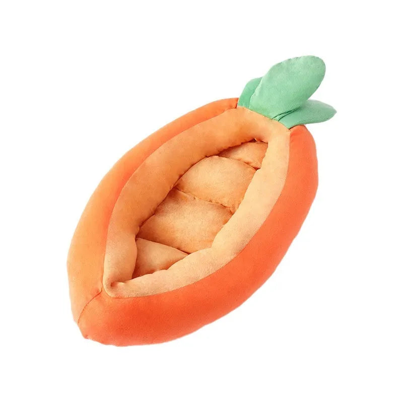 Carrot-themed pet bed with removable washable cover in medium and large size options