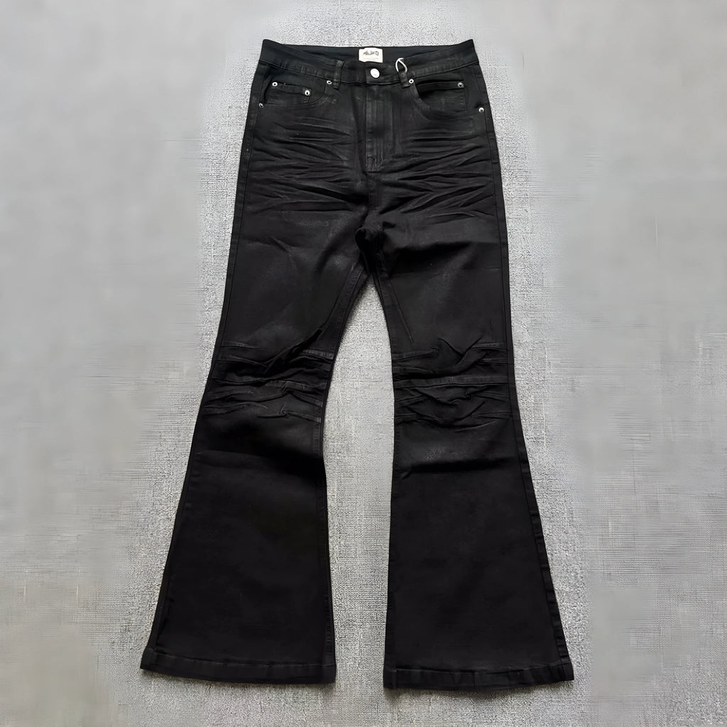Retro black wax coating washed loose fit men's jeans with mid waist and zip fly
