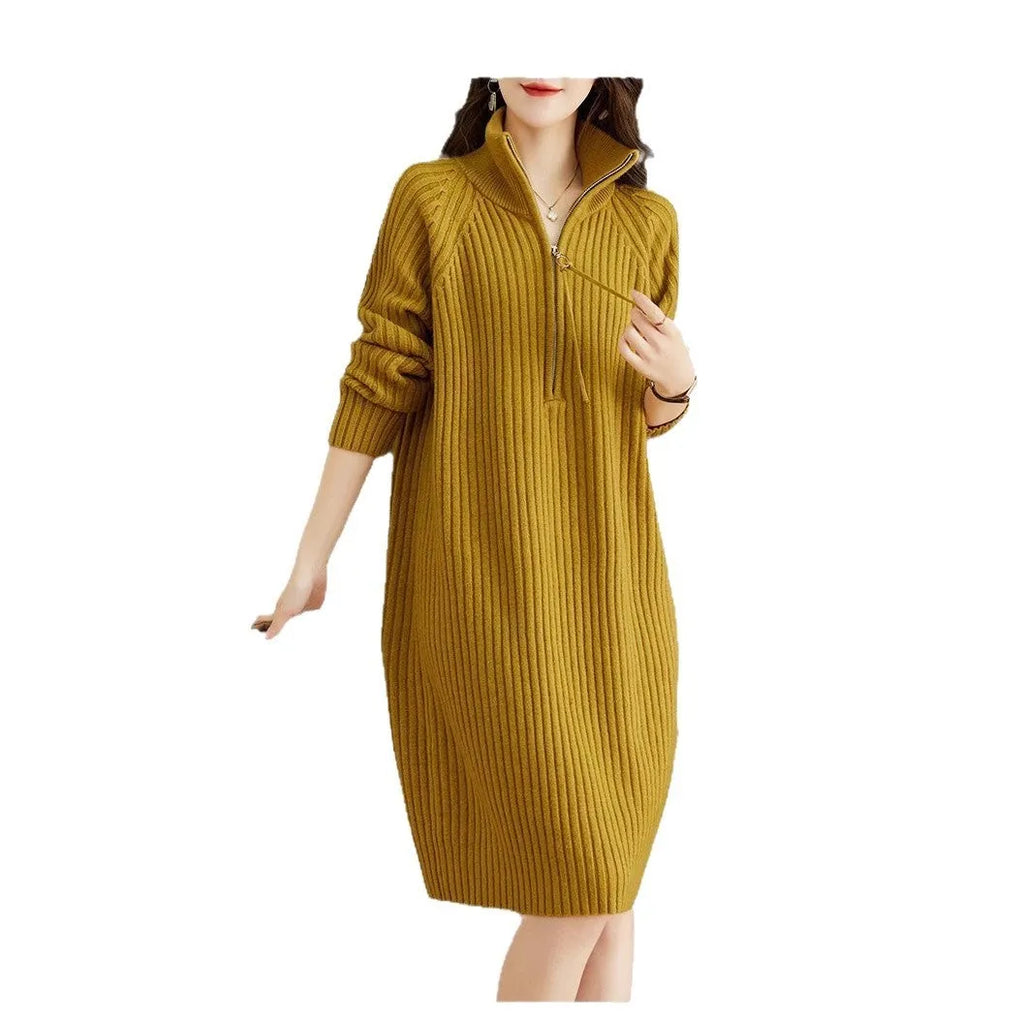 Beige woolen skirt with half zipper front and stand collar in loose casual straight dress style