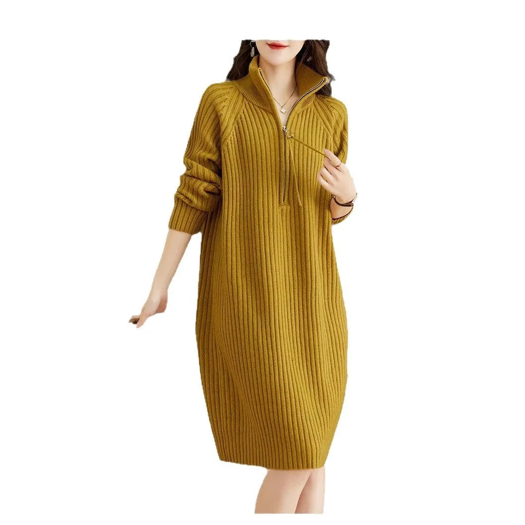 Beige woolen skirt with half zipper front and stand collar in loose casual straight dress style